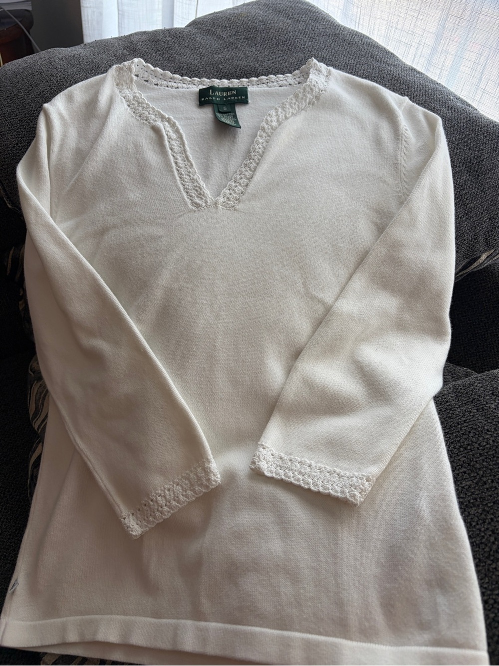 Ralph Lauren Cream V-Neck Crochet-Trim Knit Tunic